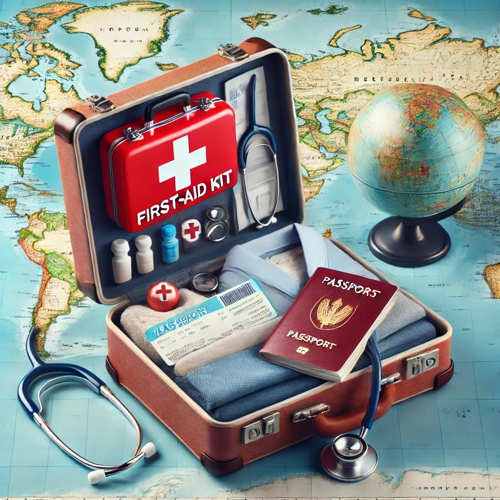 Erste-Hilfe-Koffer mit Reisedokumenten